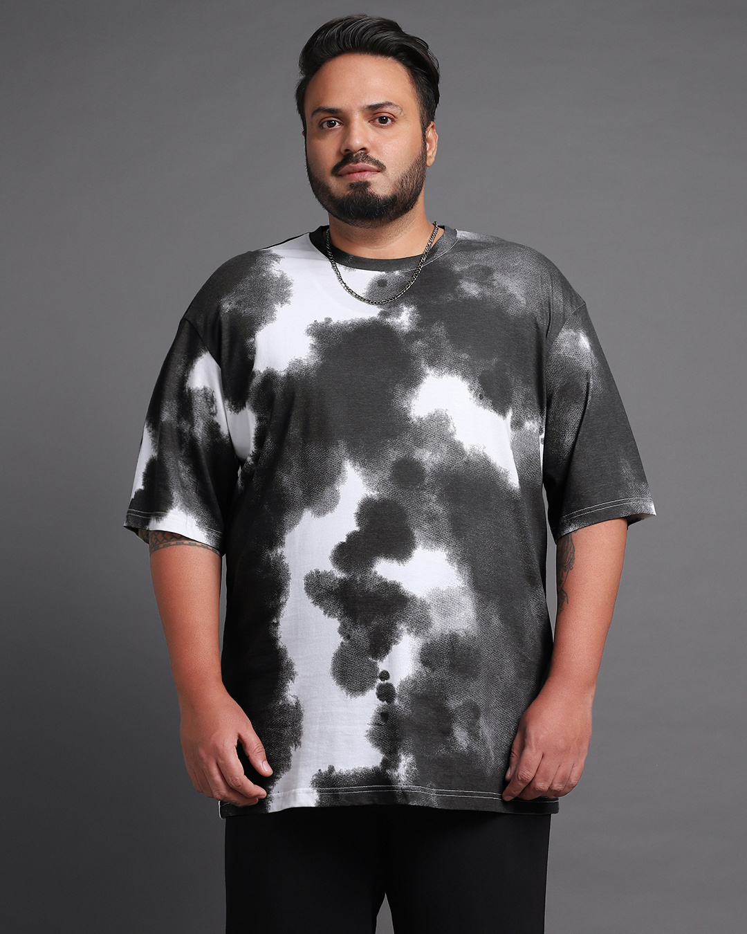 Shop Men's Black & White Tie & Dye Plus Size Oversized T-shirt-Back