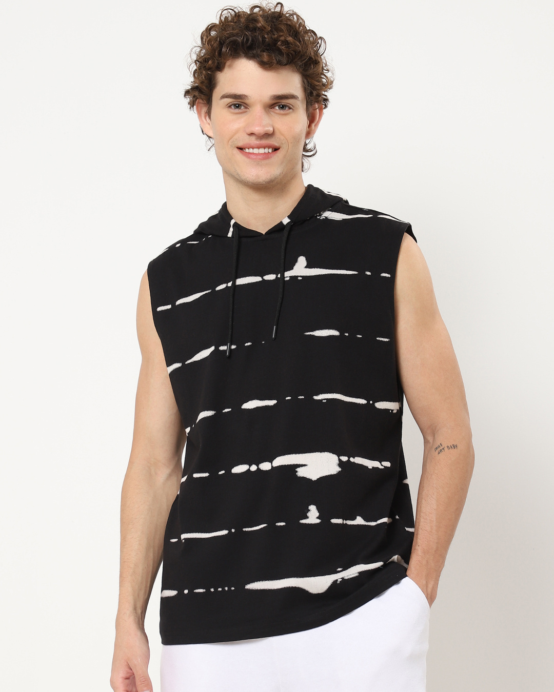 Shop Men's Black & White Tie N Dye Oversized Hoodie Vest-Back