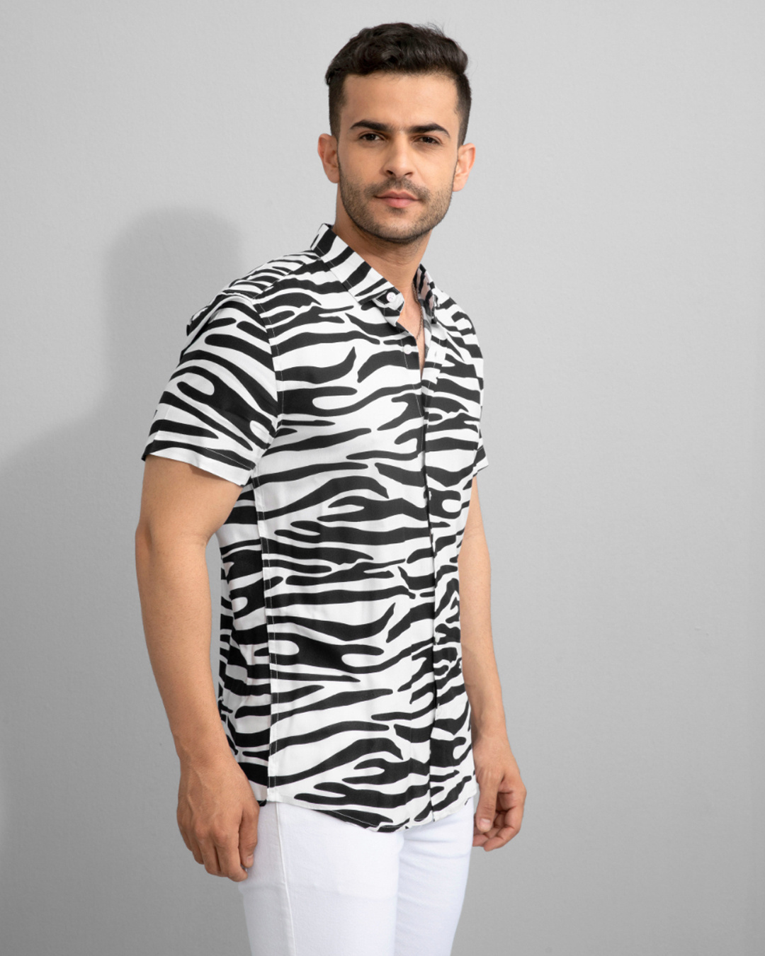 Shop Men's Black & White Zebra Print Cotton Shirt-Back