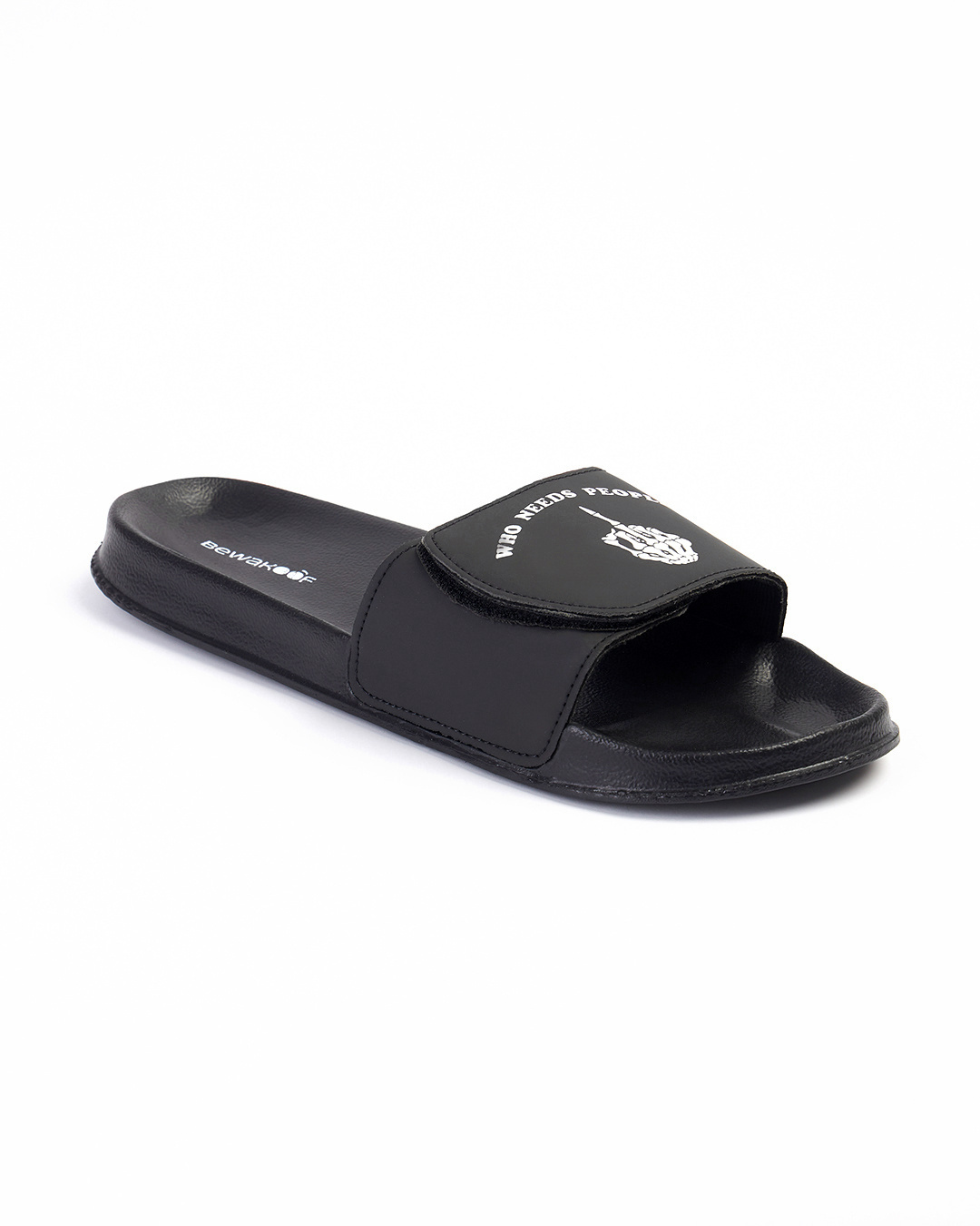 Shop Men's Black Who Needs People Printed Velcro Sliders-Back