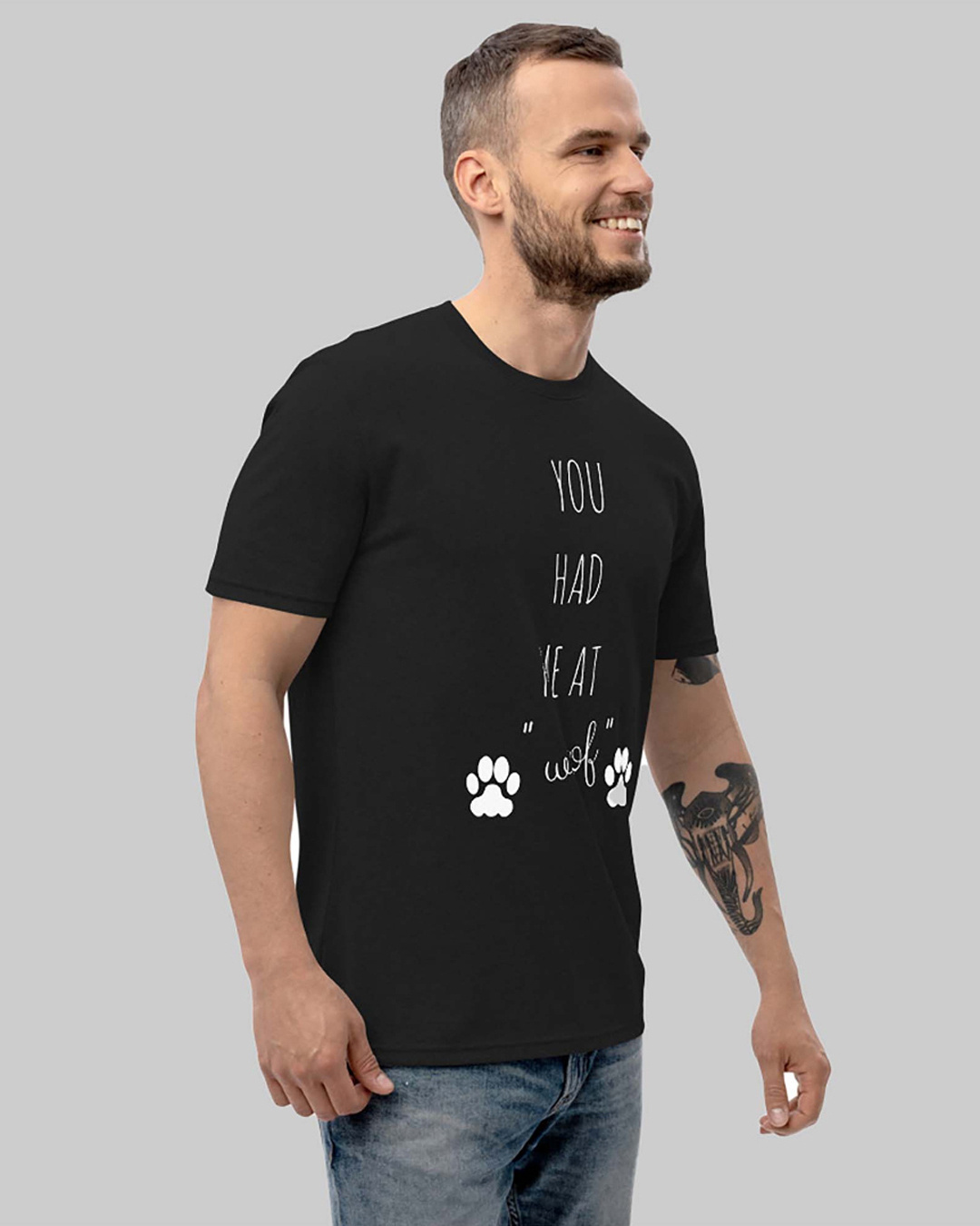 Shop Men's Black You Had Me At Woof Typography T-shirt-Back
