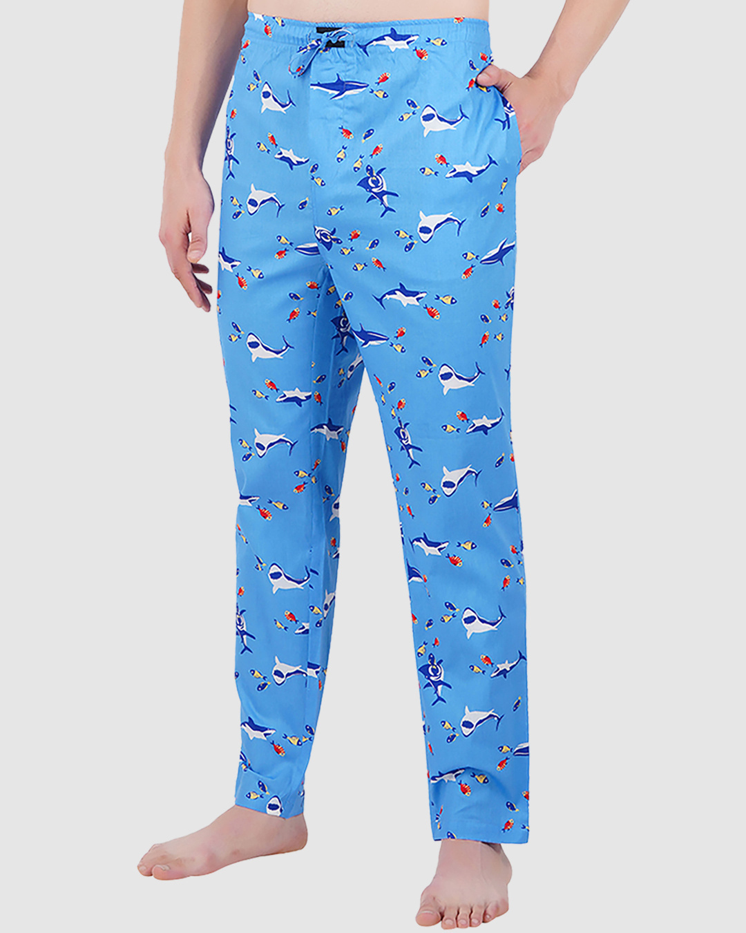 Shop Men's Blue All Over Fishes Printed Cotton Pyjamas-Back