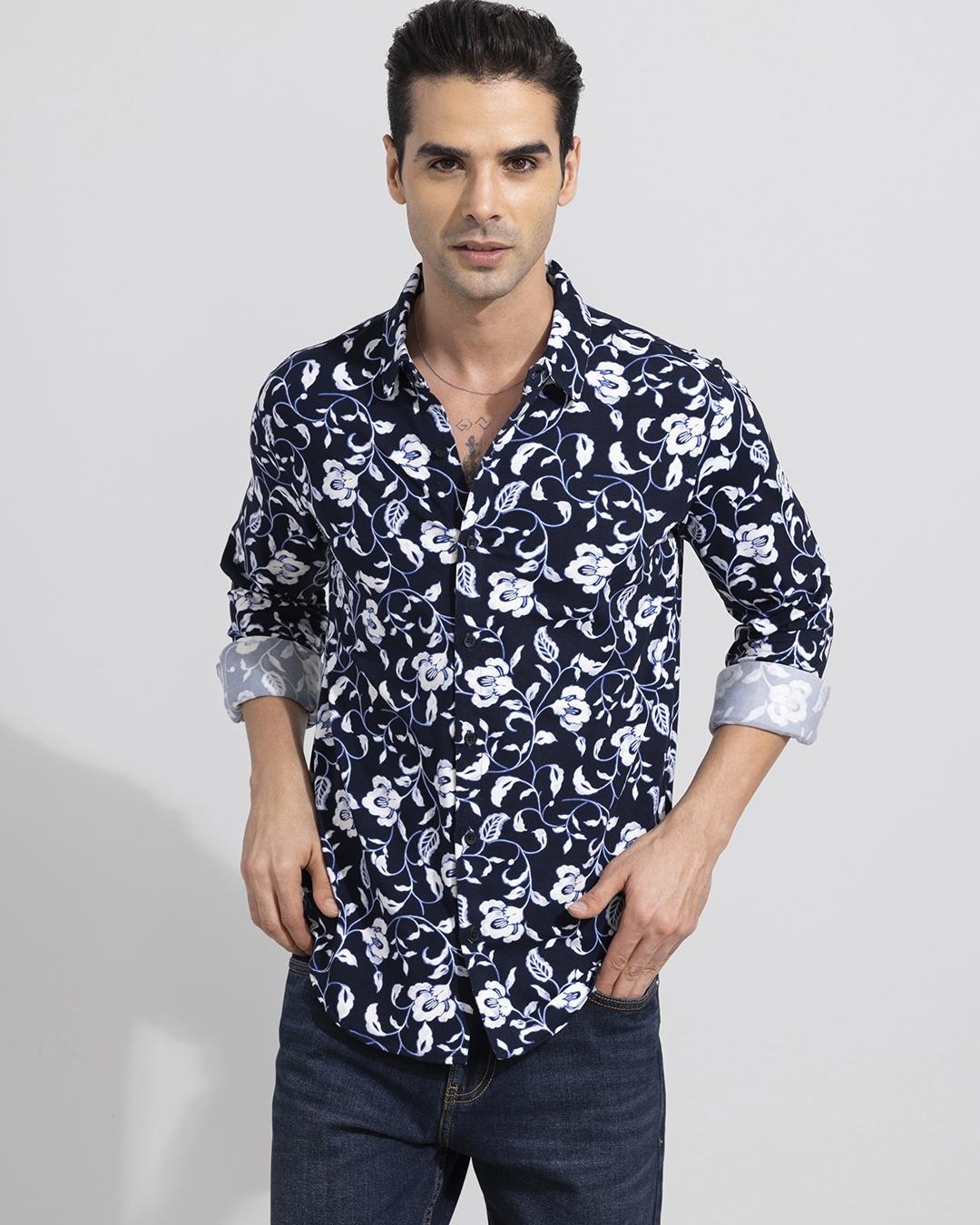 Men's Blue Smart Slim Fit Floral Printed Cotton Shirt