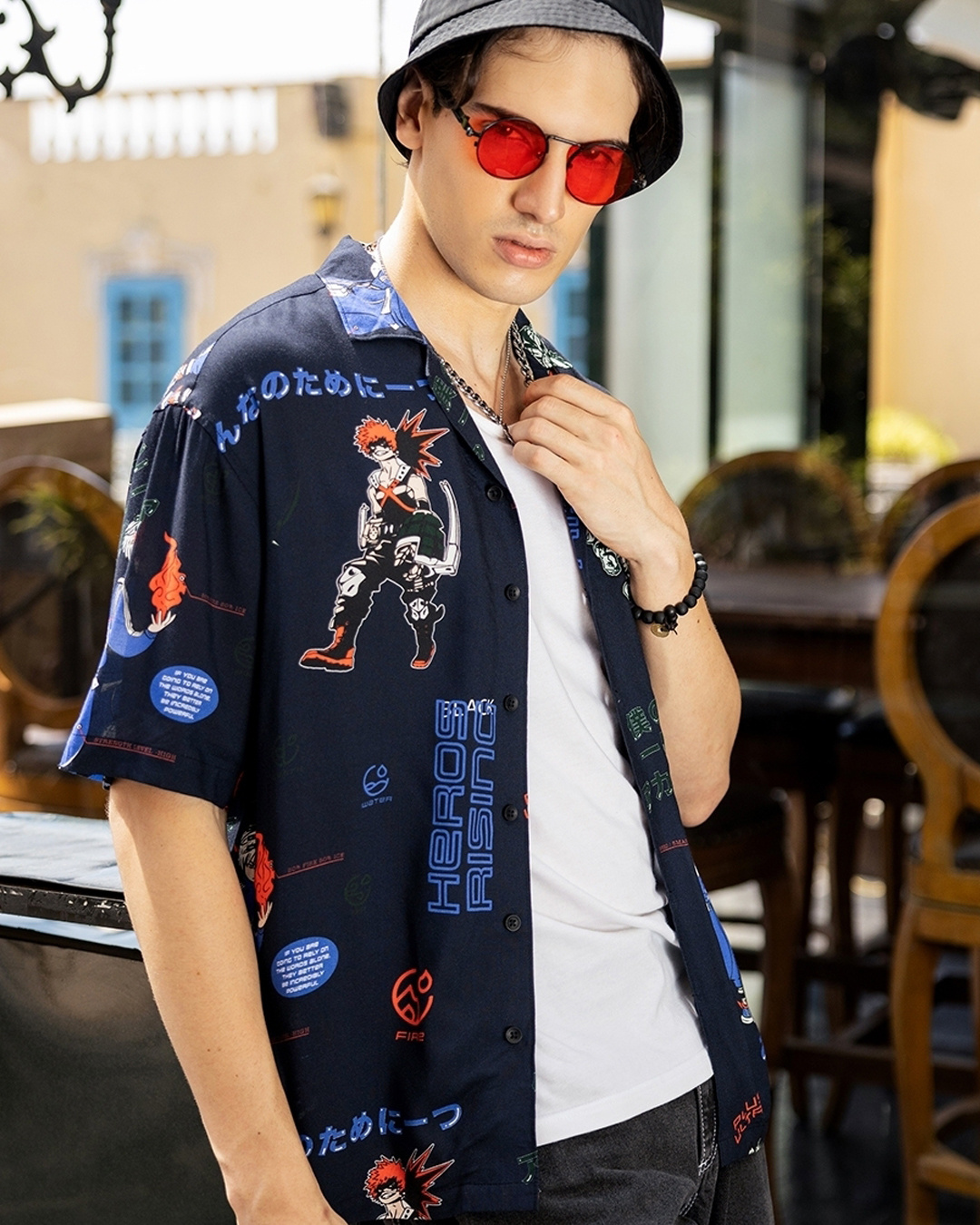 Men's Blue Printed Oversized Shirt with Shorts Co-Ords