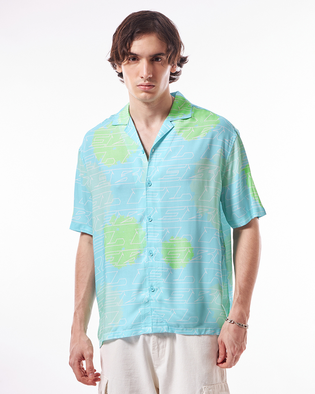Shop Men's Blue & Green All Over Printed Oversized Shirt-Back