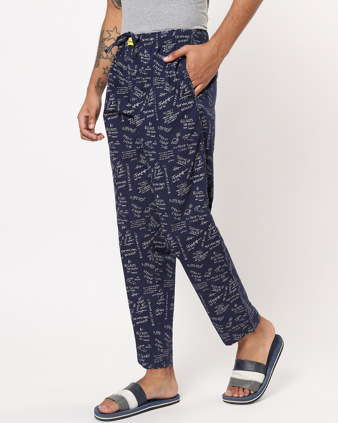 Shop Men's Blue All Over Printed Typography Pyjamas-Back