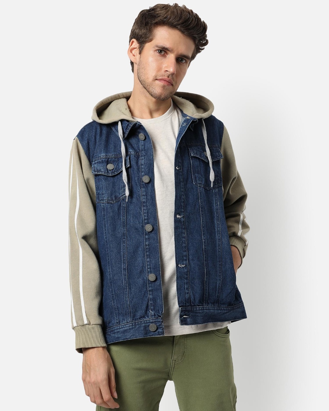 Buy Men's Blue and Beige Color Block Denim Hooded Jacket Online at Bewakoof