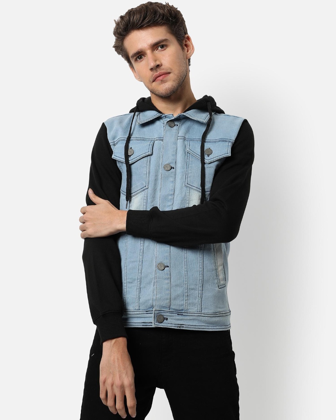 Buy Men's Blue and Black Color Block Denim Hooded Jacket Online at Bewakoof