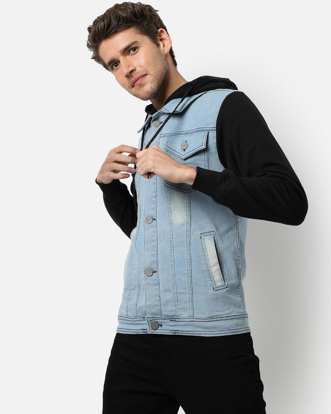 Shop Men's Blue and Black Color Block Denim Hooded Jacket-Back