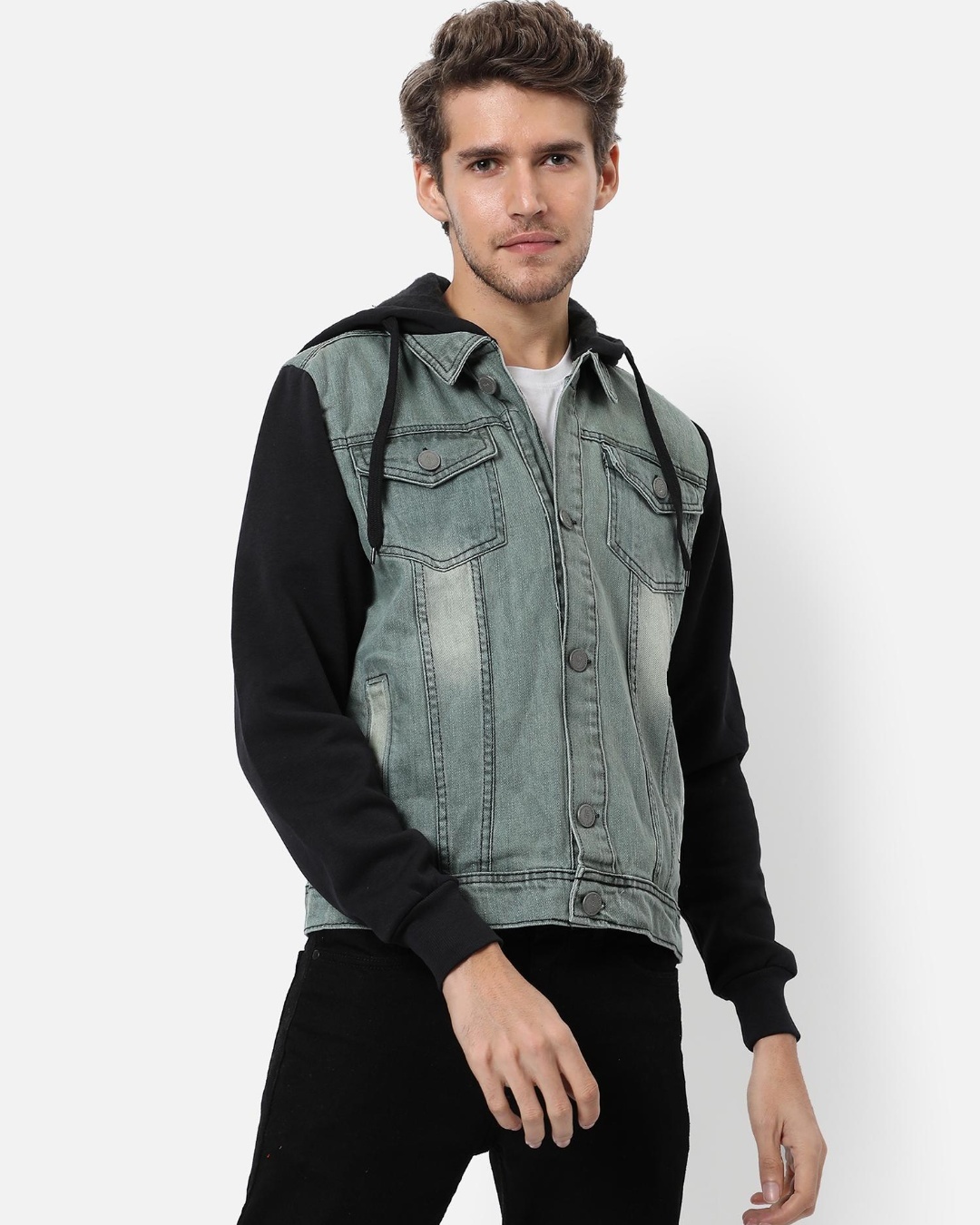 Buy Men's Blue and Black Color Block Washed Denim Hooded Jacket for Men ...