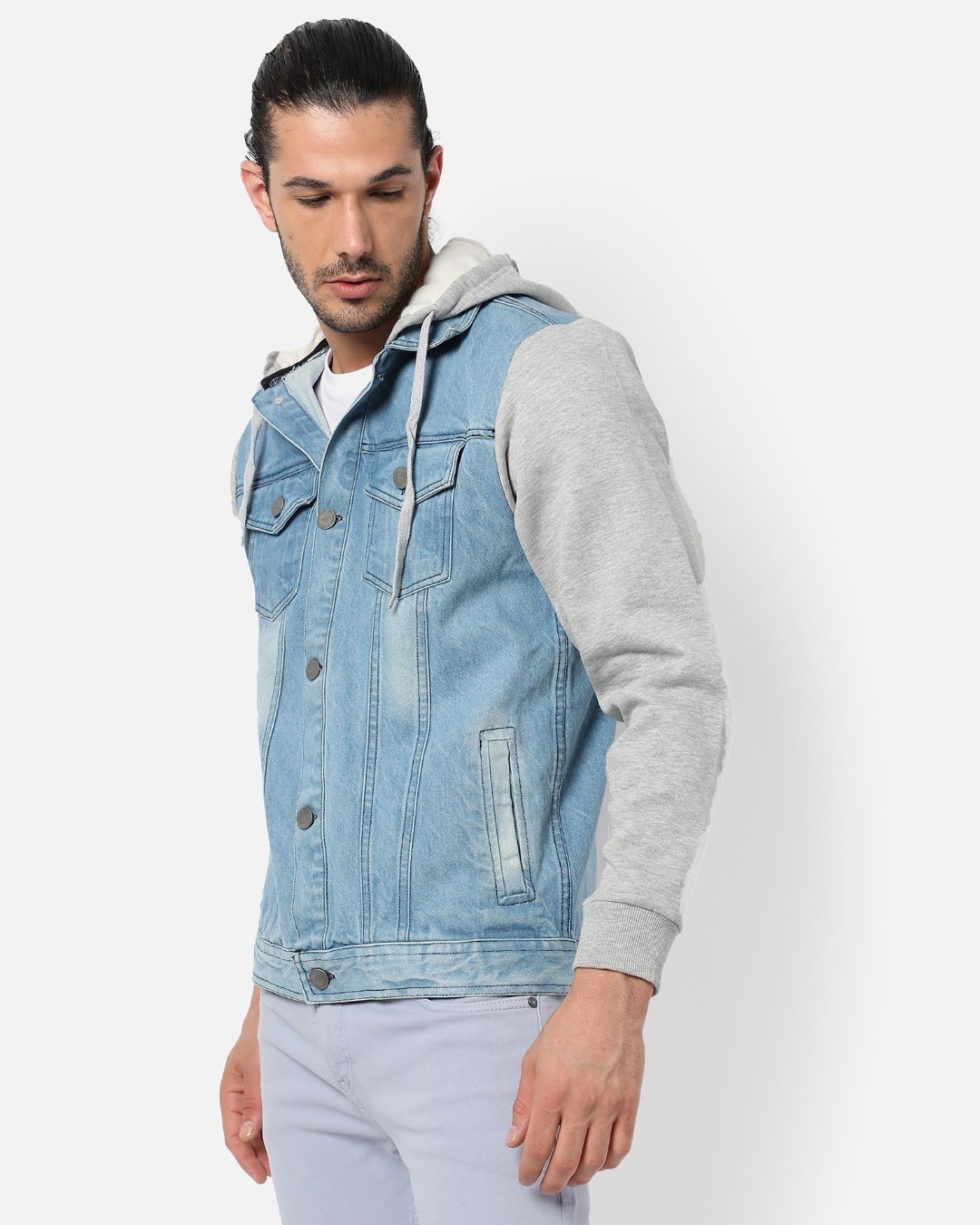 Shop Men's Blue and Grey Color Block Denim Hooded Jacket-Back