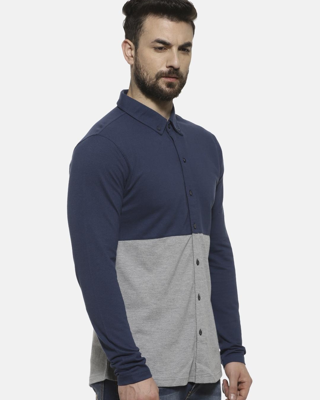 Shop Men's Blue and Grey Color Block Shirt-Back