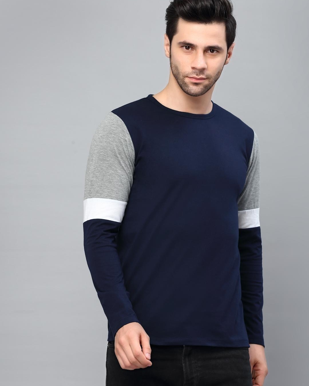 Buy Men's Blue and Grey Color Block Slim Fit T-shirt Online at Bewakoof