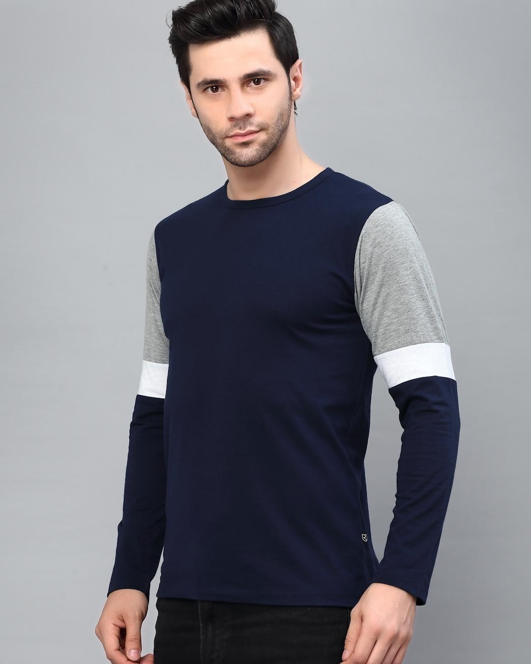 Shop Men's Blue and Grey Color Block Slim Fit T-shirt-Back