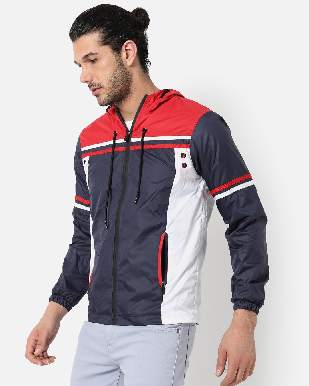 Shop Men's Blue and Red Color Block Hooded Jacket-Back