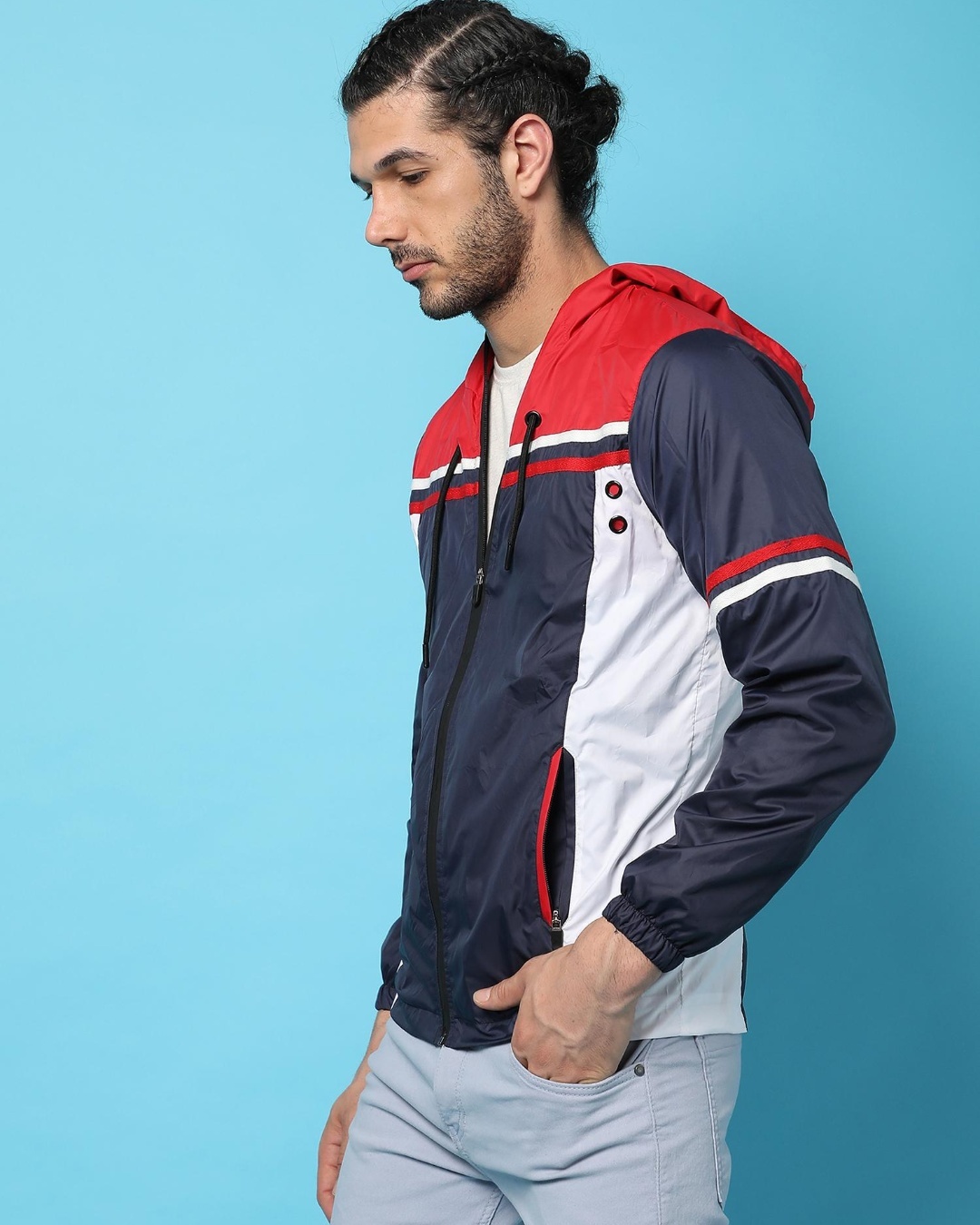 Shop Men's Blue and Red Color Block Hoodie Jacket-Back