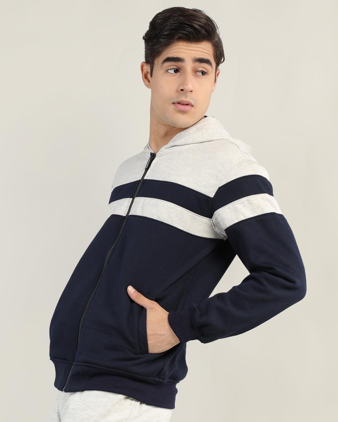 Shop Men's Blue & White Color Block Hooded Jacket-Back