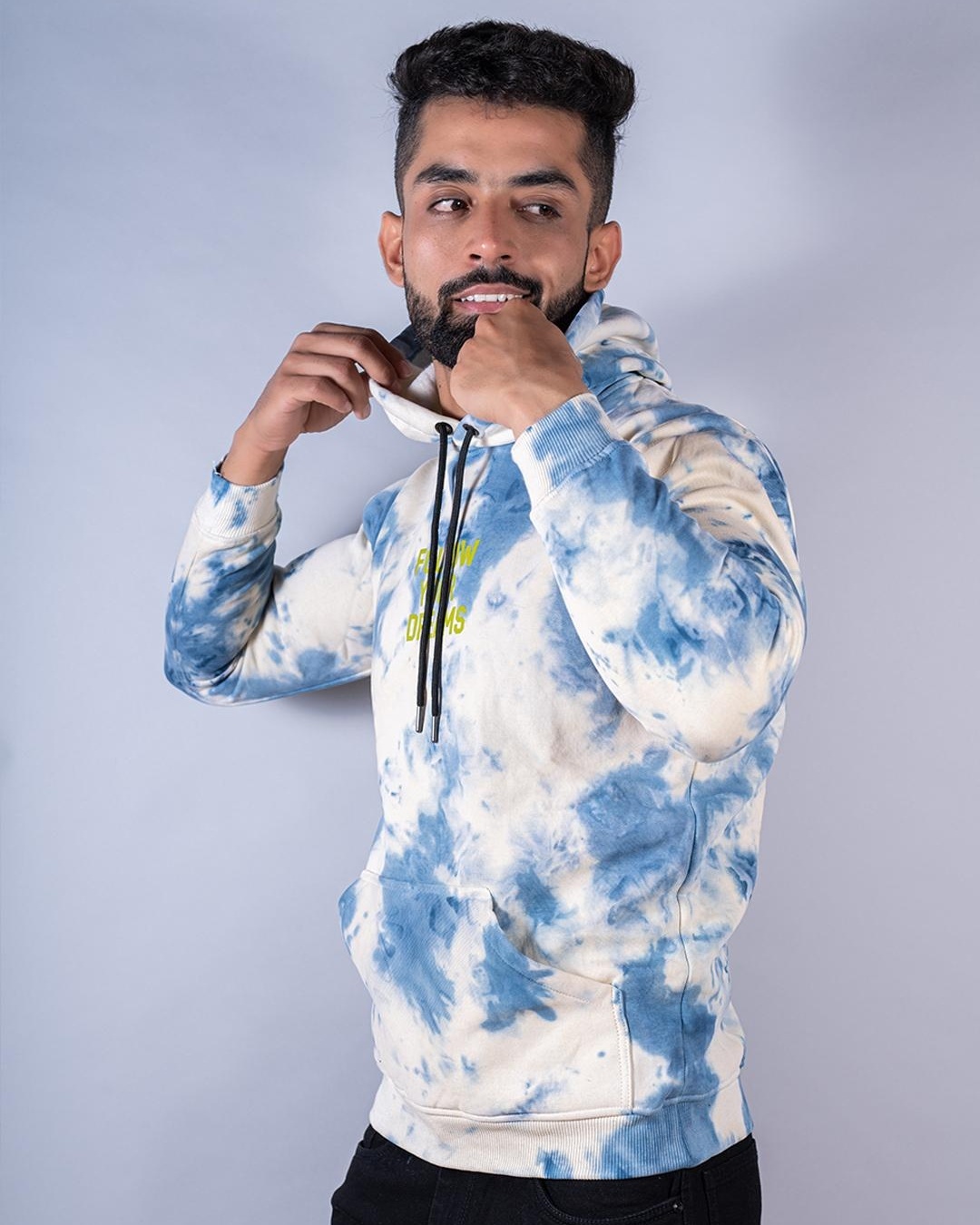 Shop Men's Blue & White Follow Your Dreams Tie & Dye Relaxed Fit Hoodie-Back