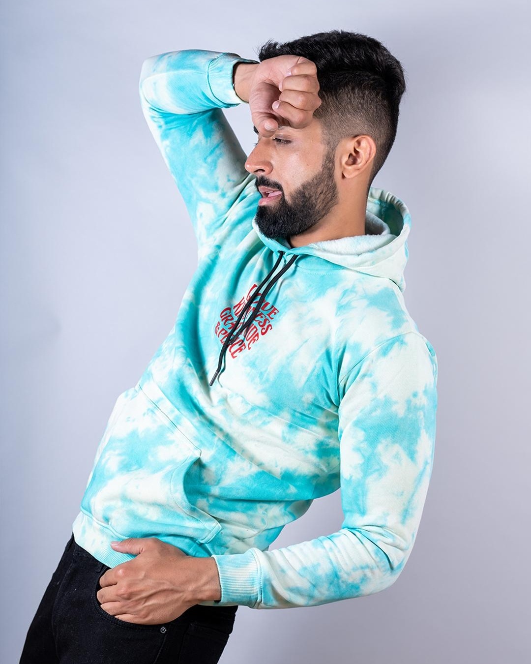 Shop Men's Blue & White Love Kindness Gratitude and Peace Tie & Dye Relaxed Fit Hoodie-Back