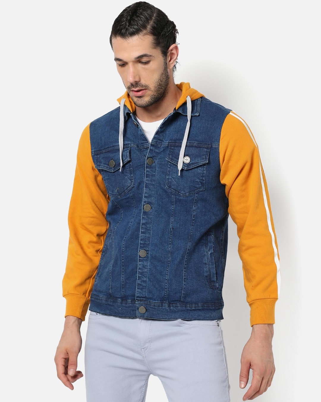 Buy Men's Blue and Yellow Color Block Denim Hooded Jacket for Men Blue ...