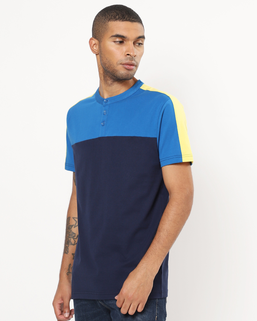 Shop Men's Blue and Yellow Color Block Henley T-shirt-Back