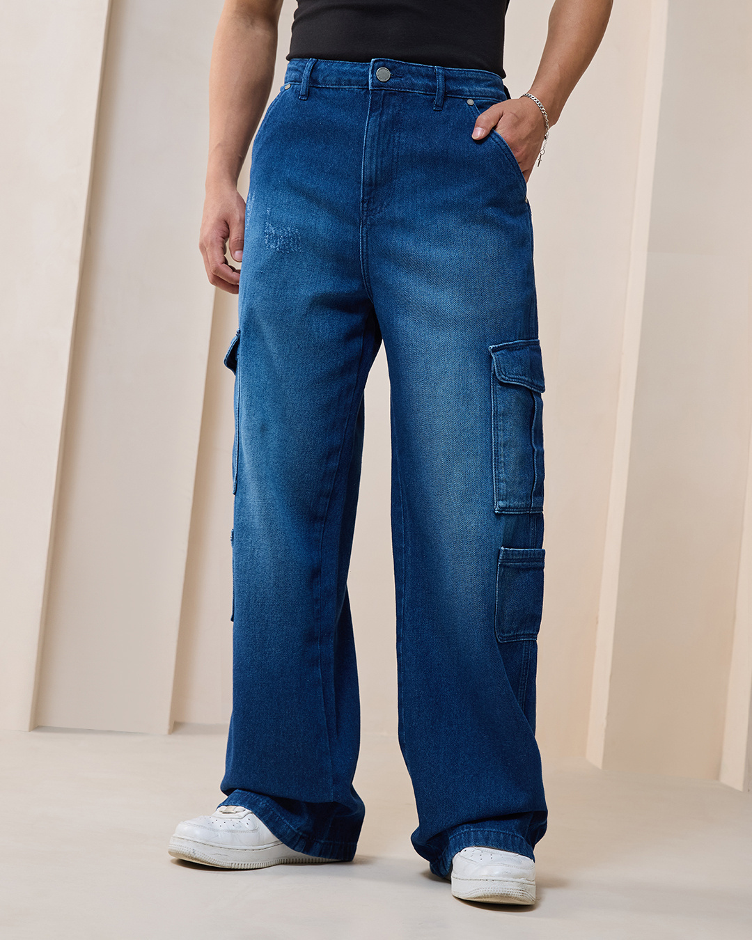 Shop Men's Blue Baggy Straight Fit Washed Cargo Jeans-Back