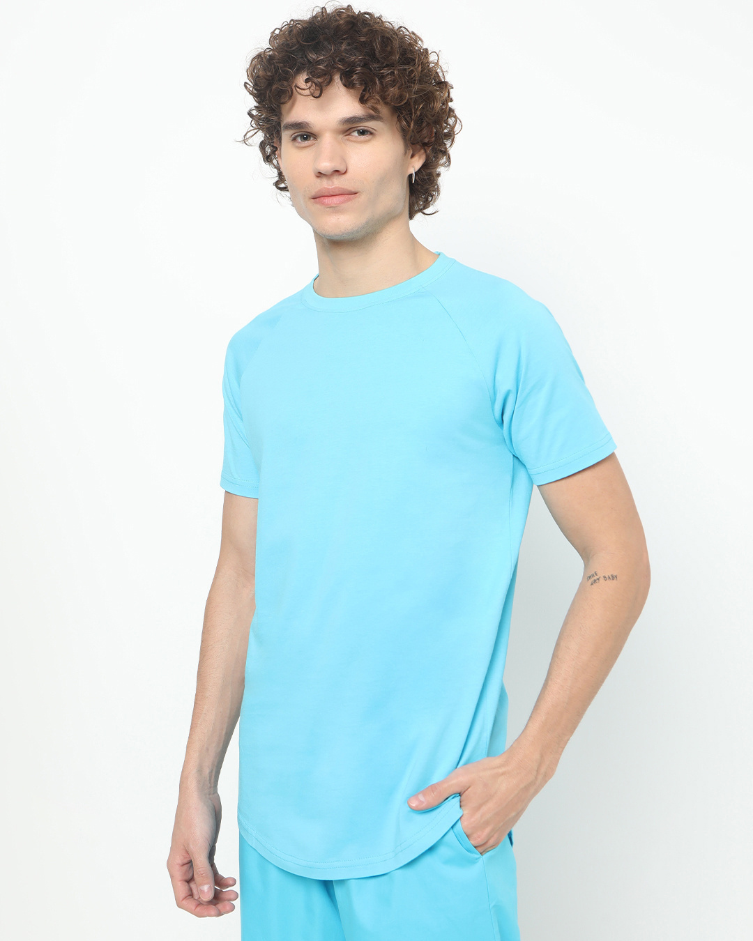 Shop Men's Blue Bachelor Button High Low Round Hem Raglan Oversized T-shirt-Back