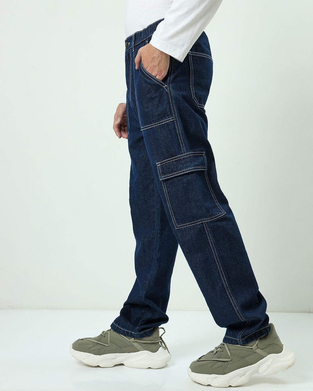 Shop Men's Blue Baggy Cargo Jeans-Back