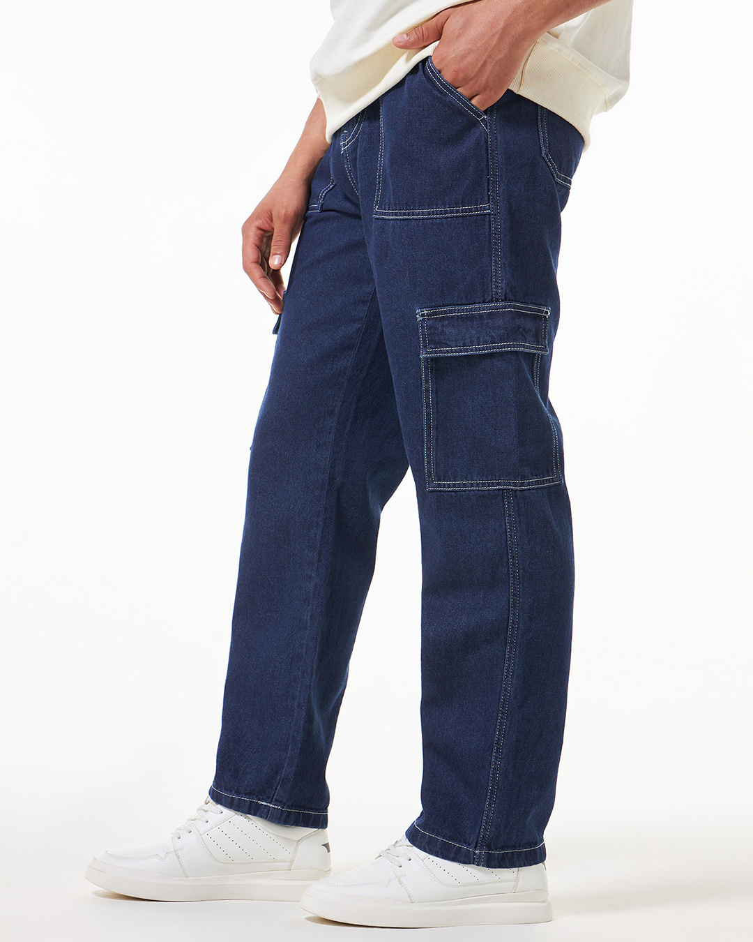 Shop Men's Blue Baggy Cargo Jeans-Back