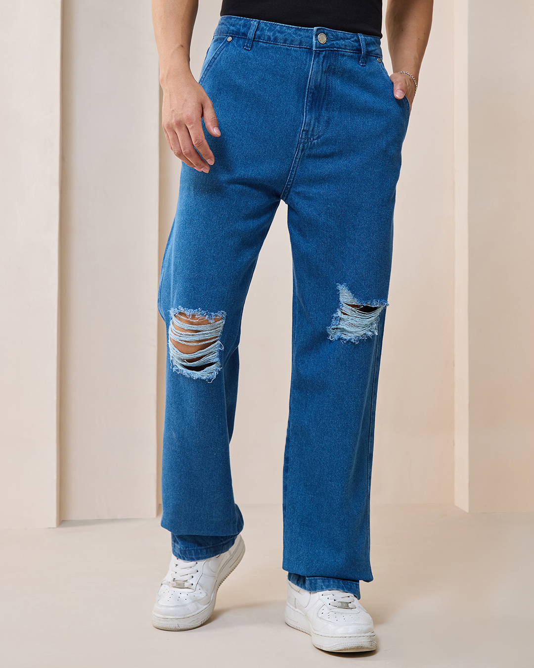 Shop Men's Blue Straight Fit Distressed Jeans-Back