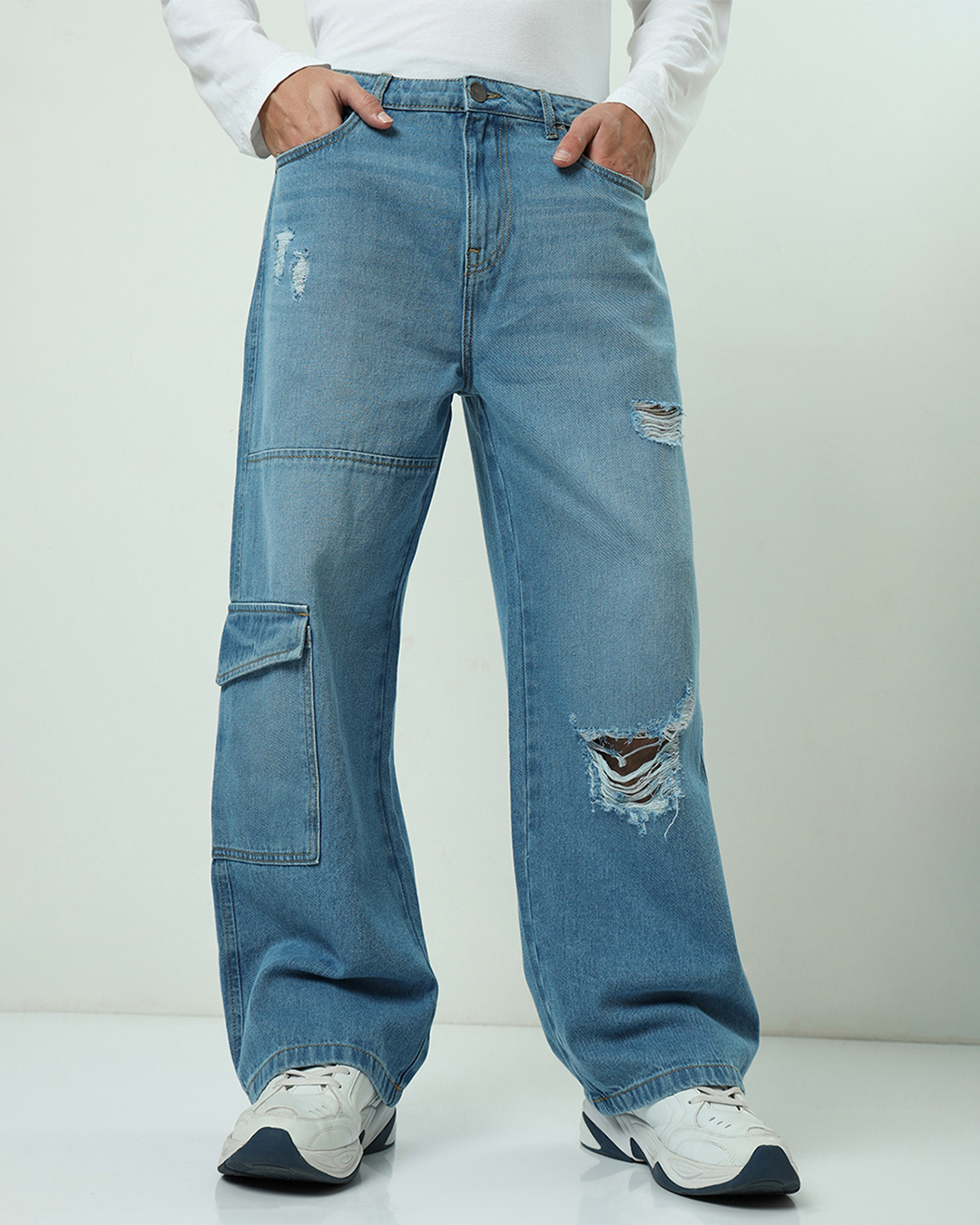 Shop Men's Blue Baggy Fit Distressed Cargo Mid-Rise Jeans-Back