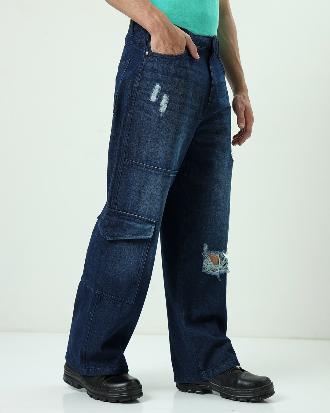 Shop Men's Blue Baggy Straight Fit Distressed Jeans-Back