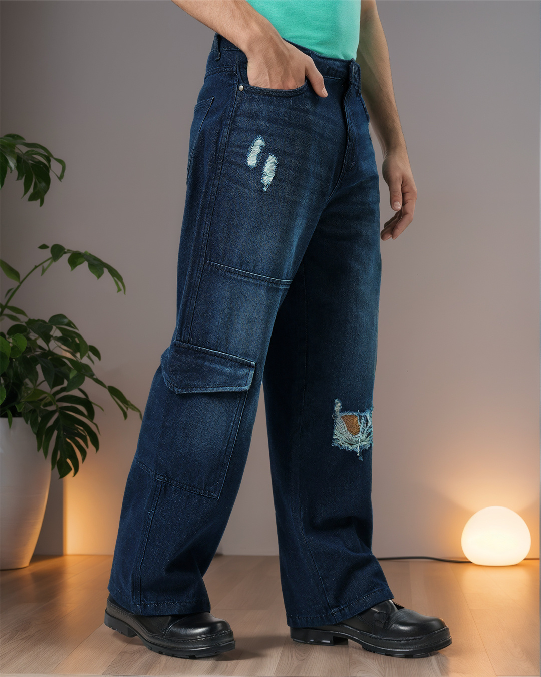 Buy Men's Blue Baggy Straight Fit Distressed Jeans Online at Bewakoof