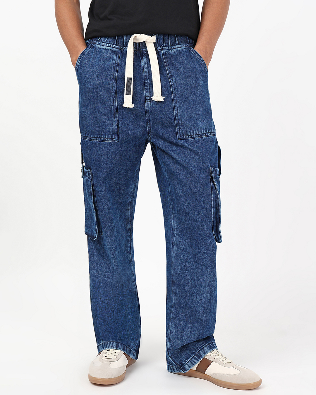 Shop Men's Blue Washed Straight Fit Cargo Mid-Rise Jeans-Back