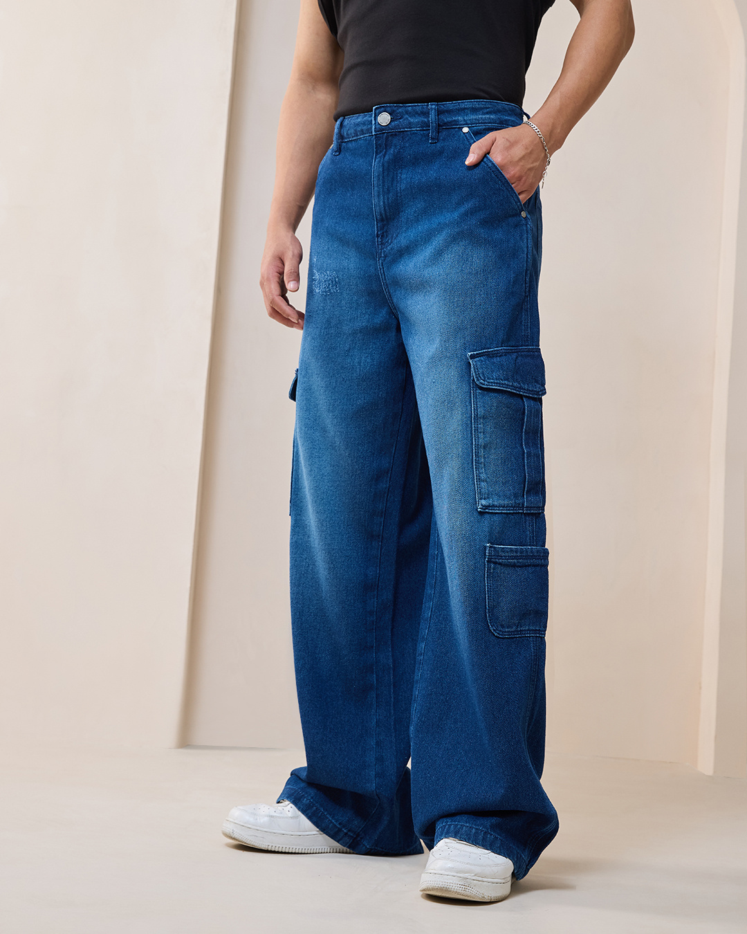 Shop Men's Blue Baggy Fit Washed Cargo Mid-Rise Jeans-Back