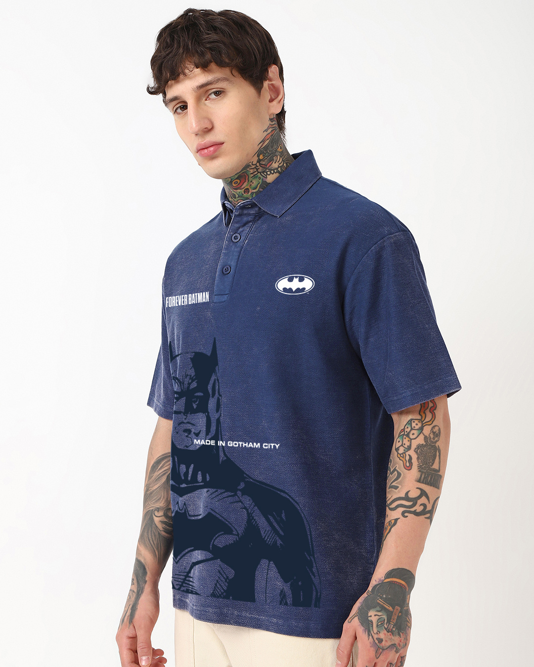 Shop Men's Blue Batman Graphic Printed Oversized Acid Wash Polo T-shirt-Back