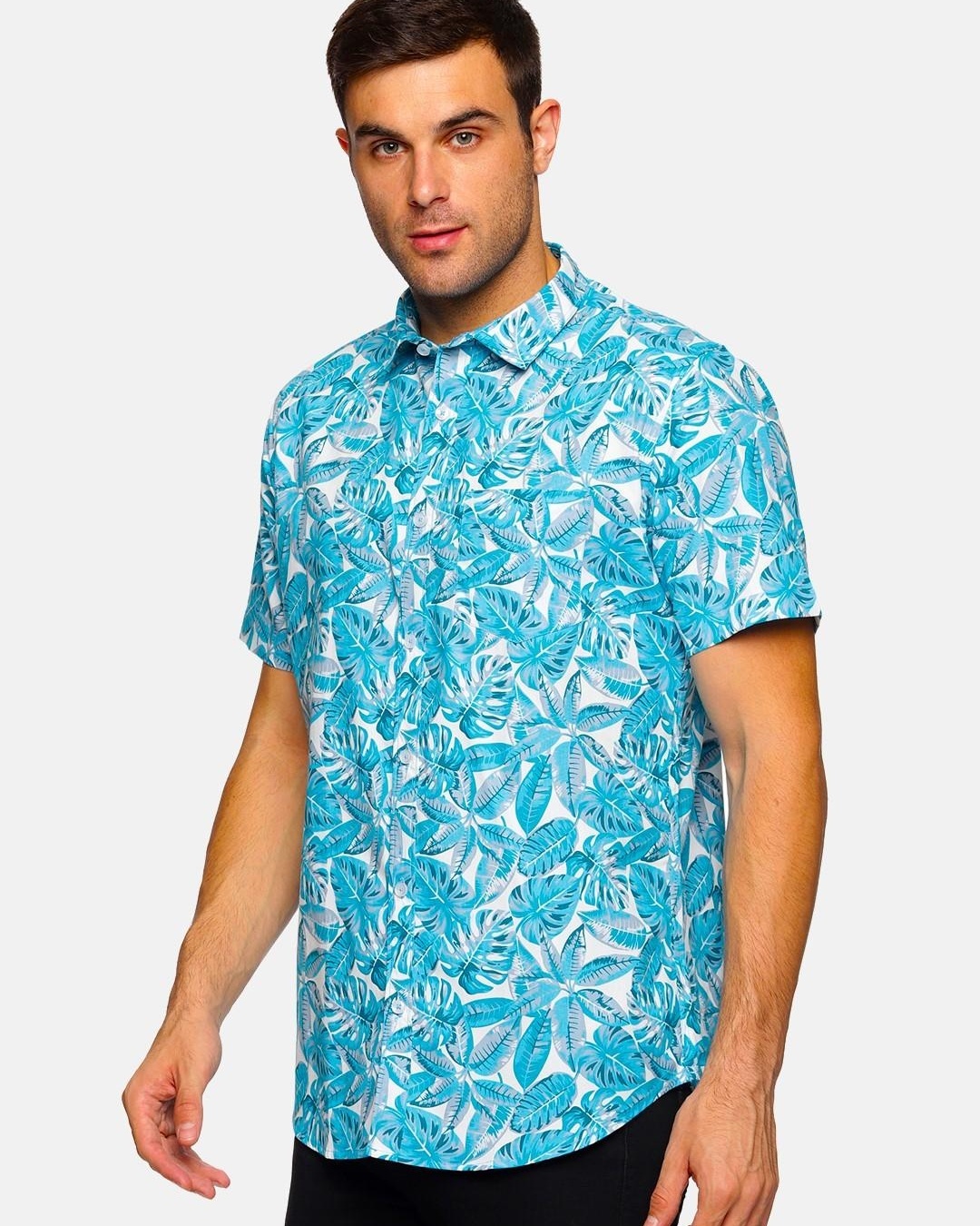 Shop Men's Blue Beach Hawaiian Floral Printed Shirt-Back