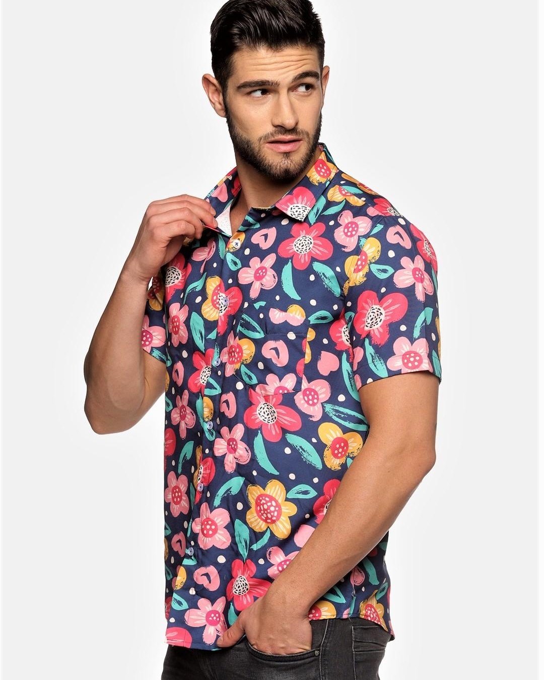 Shop Men's Blue Beach Hawaiian Floral Printed Shirt-Back