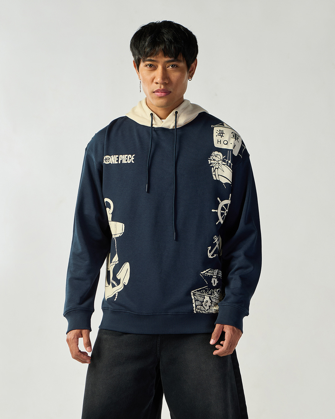 Shop Men's Blue & Beige Graphic Printed Oversized Hoodies-Back