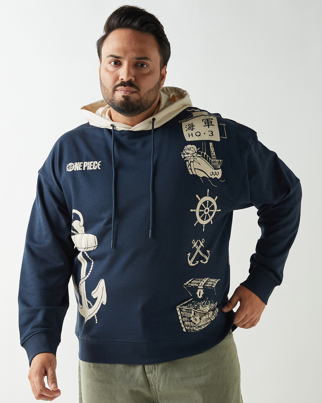 Shop Men's Blue & Beige Graphic Printed Oversized Plus Size Hoodies-Back