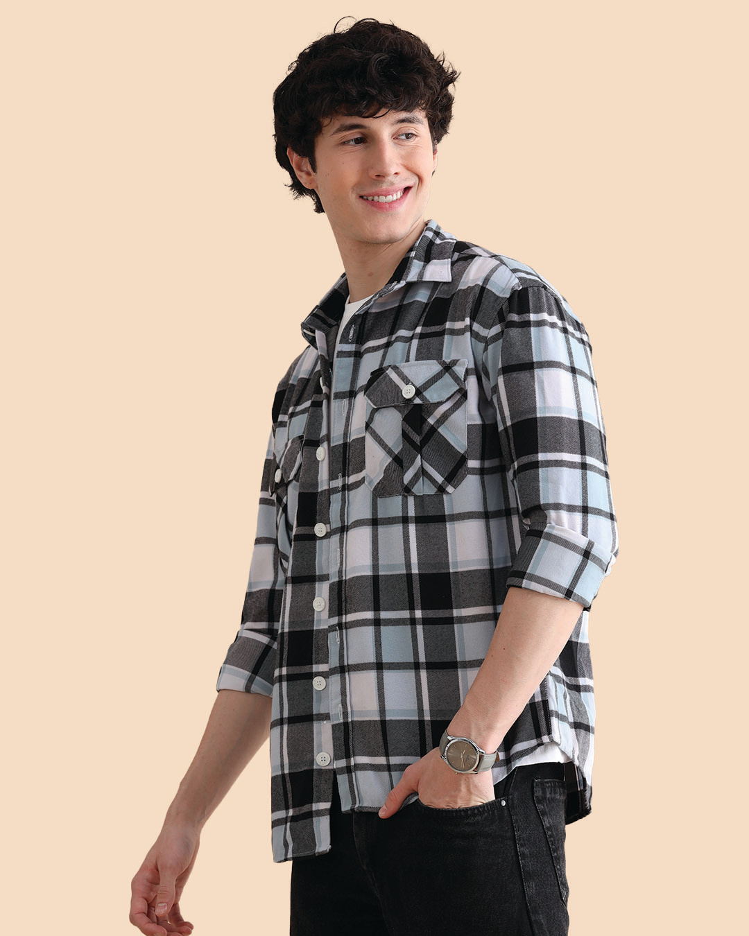 Shop Men's Blue & Black Checked Oversized Shacket-Back