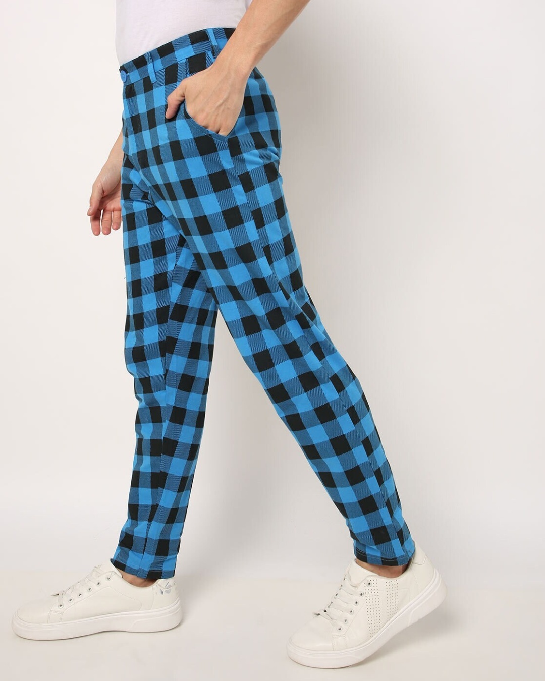 Shop Men's Blue & Black Checked Tapered Fit Chinos-Back