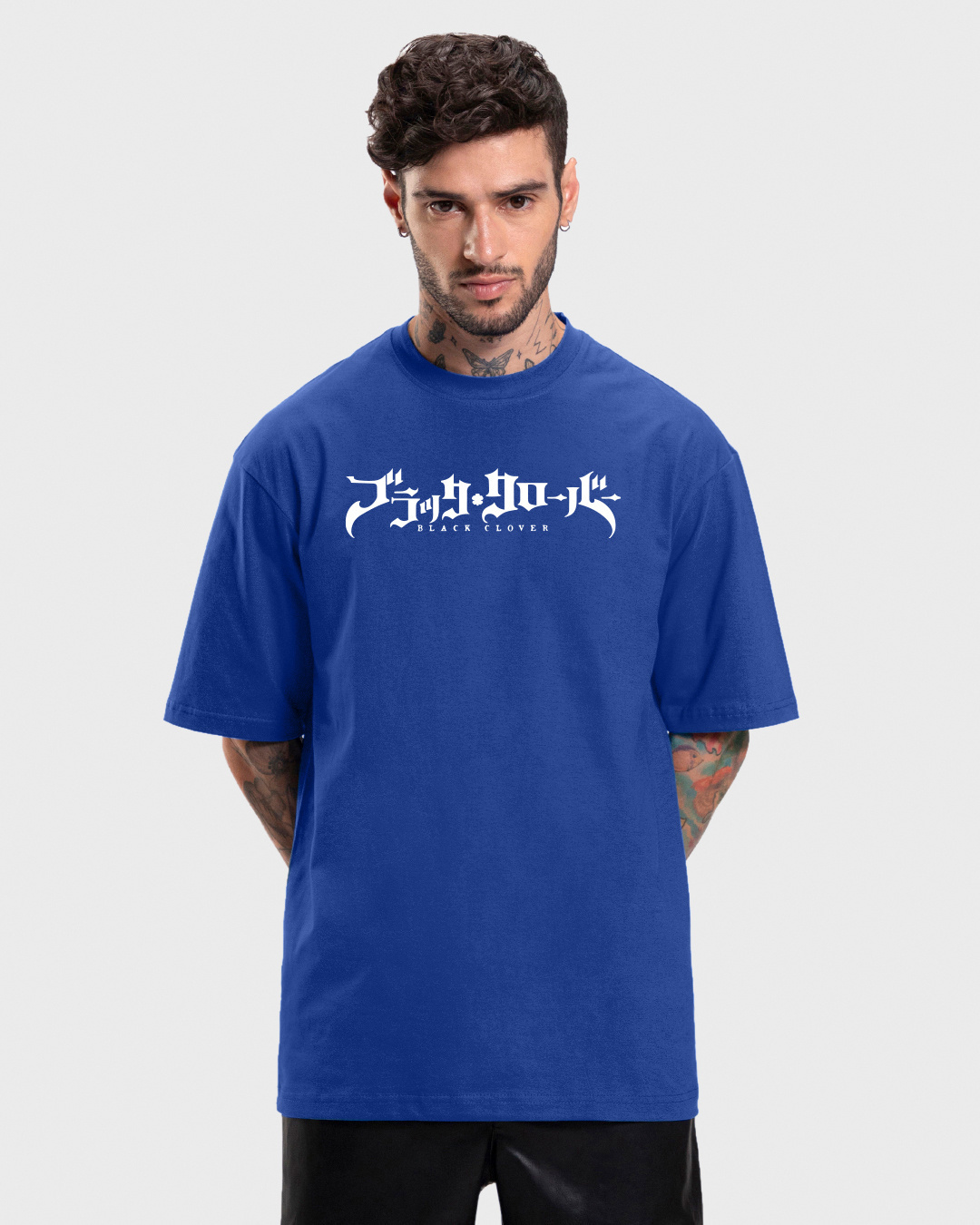 Shop Men's Blue Black Clover Graphic Printed Oversized T-shirt-Back