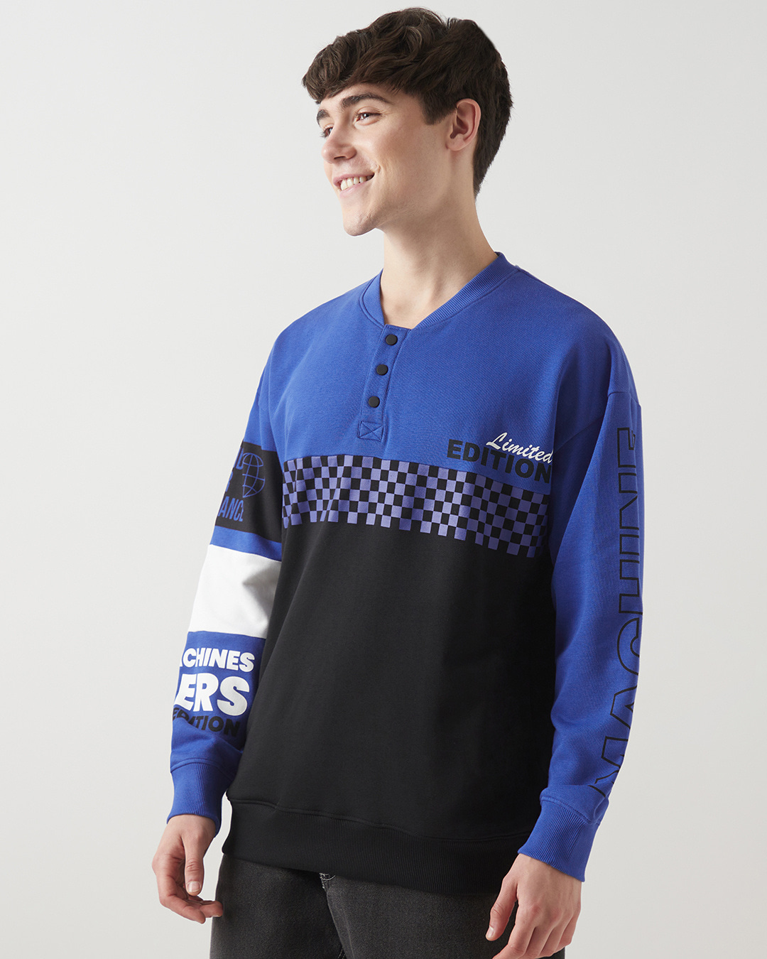 Shop Men's Blue & Black Color Block Oversized Plus Size Sweatshirt-Back