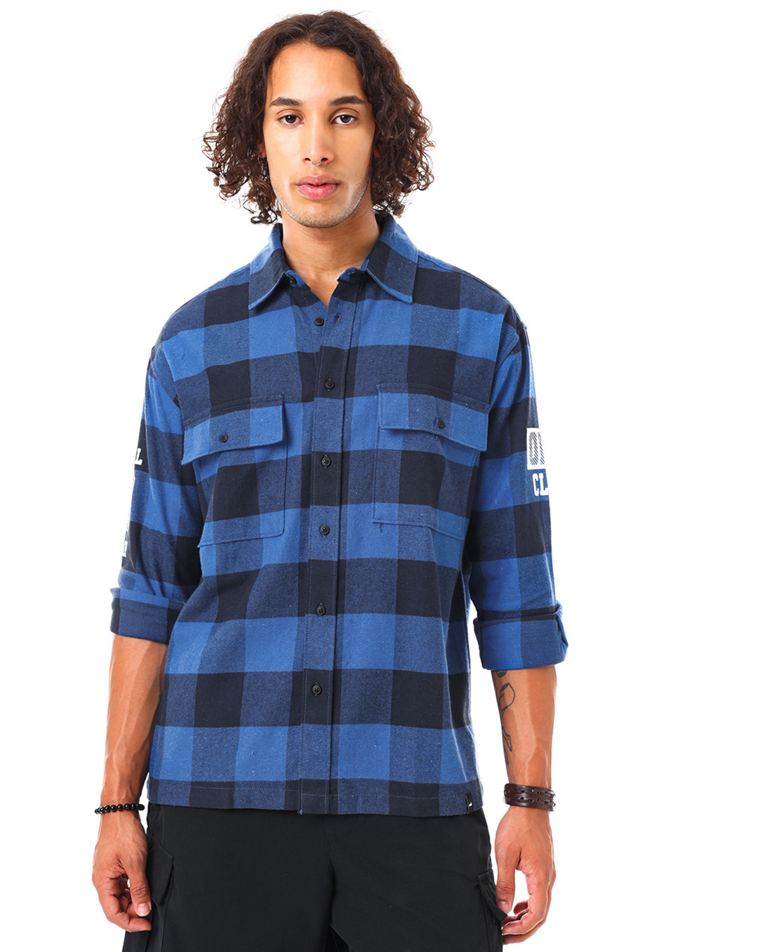 Shop Men's Blue & Black Run Checked Oversized Shirt-Back