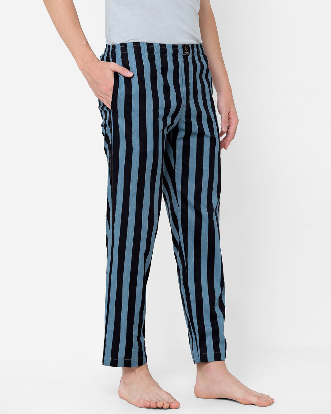 Shop Men's Blue & Black Striped Cotton Lounge Pants-Back