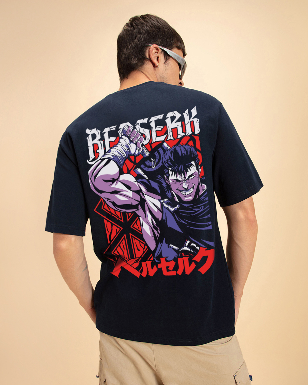 Shop Men's Blue Black Swordsman Graphic Printed Oversized T-shirt-Back