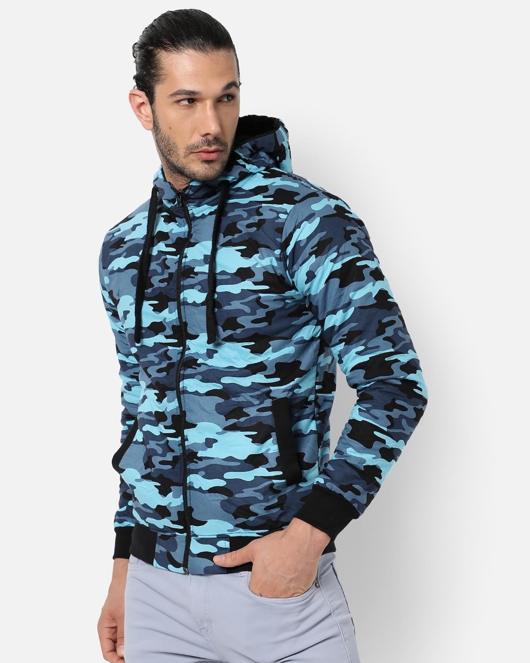 Shop Men's Blue Camouflage Hooded Jacket-Back