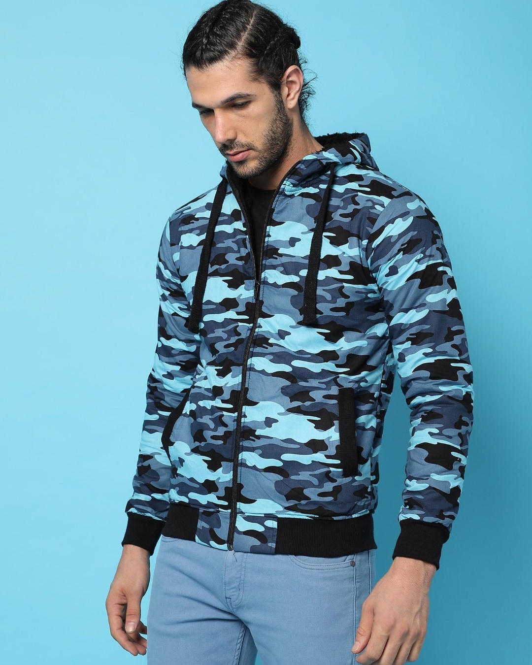 Shop Men's Blue Camouflage Hoodie Jacket-Back
