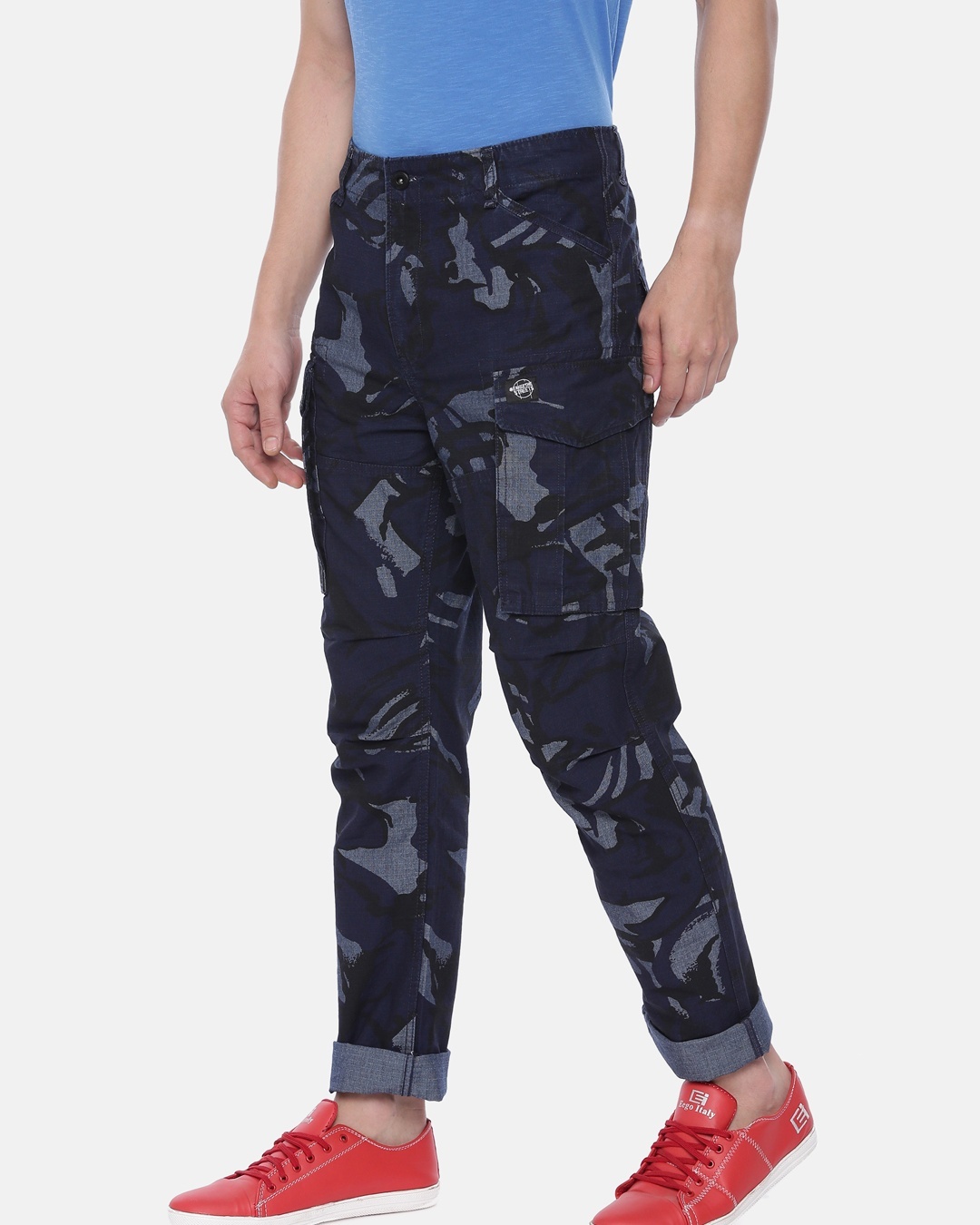 Shop Men's Blue Camouflage Printed Relaxed Fit Trousers-Back